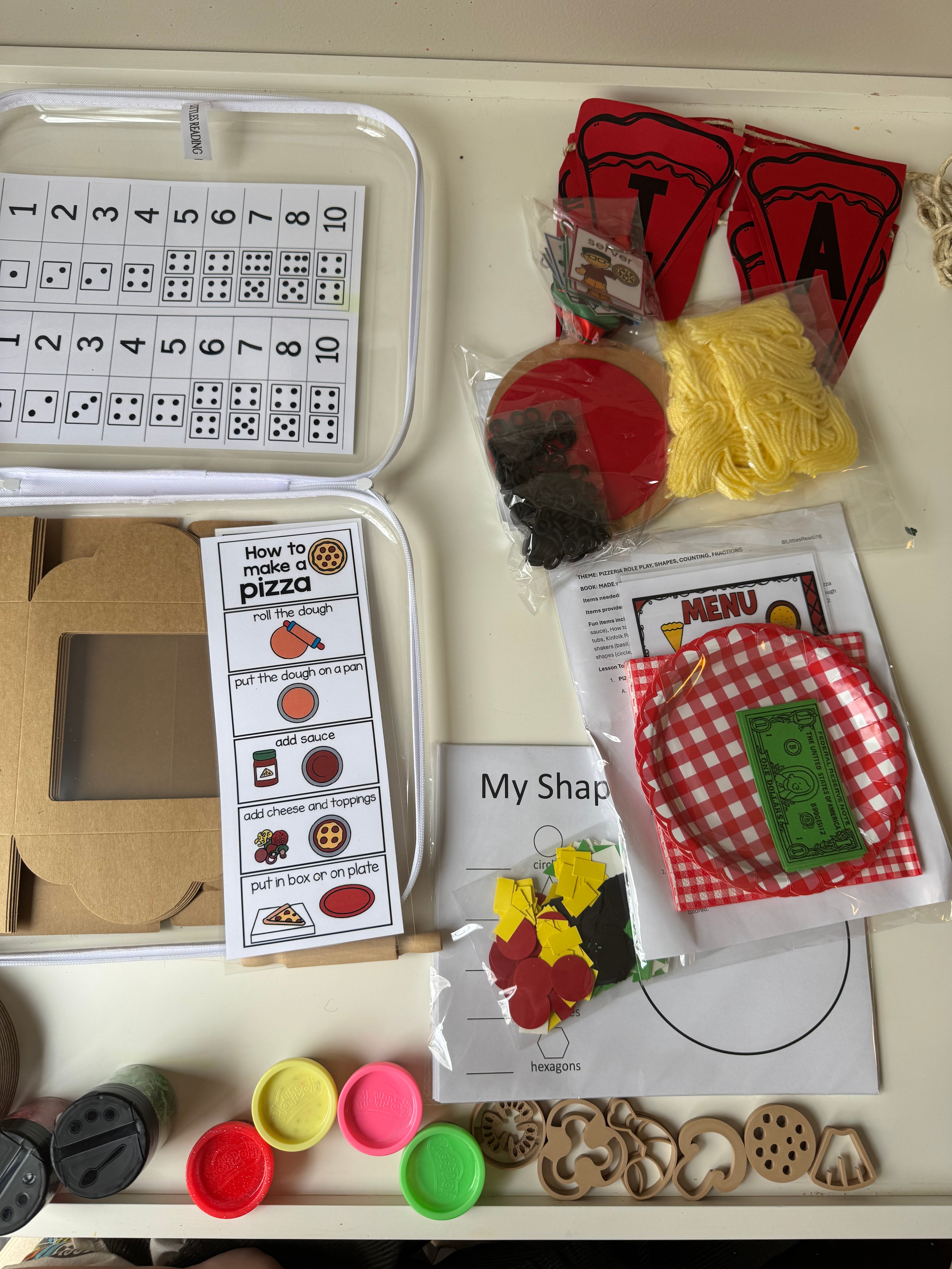 Pizzeria box without hard case, book, & play dough cutters